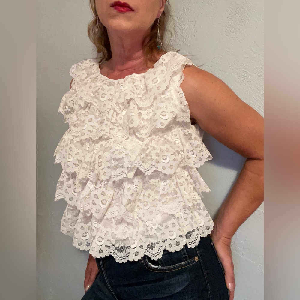 Vintage 1960s Mod 5-Tiered Lace Ruffled Cropped Spanish Blouse by Felipa Sz L